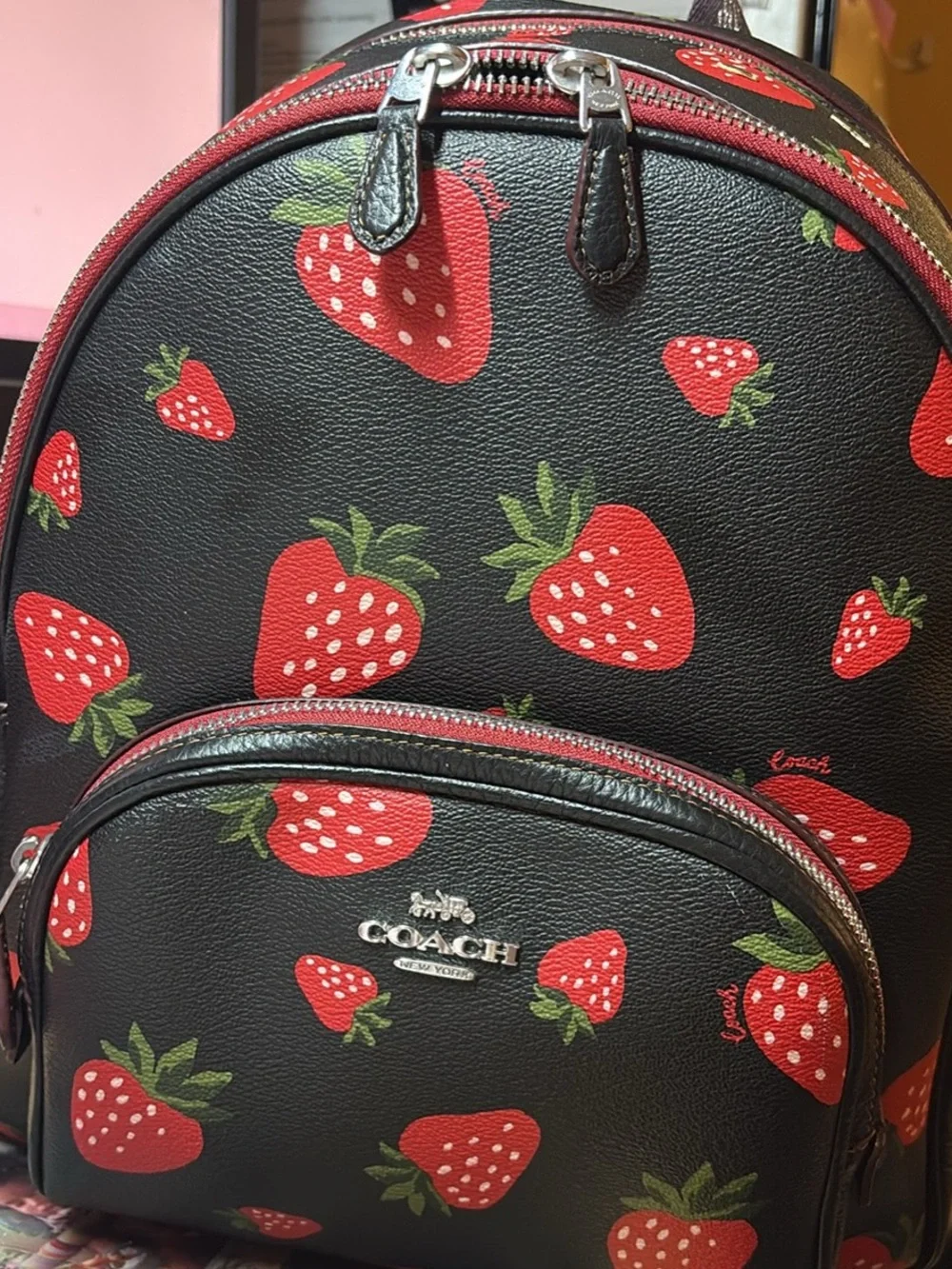 Coach Black Mini Backpack with Red Strawberry Print